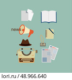 typewriter, hat, sheets of paper, a notebook, a newspaper journalist illustration. Стоковая иллюстрация, агентство Ingram Publishing / Фотобанк Лори
