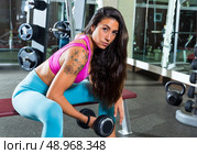 dumbbell concentrated biceps curl girl woman workout at gym exercise. Стоковое фото, агентство Ingram Publishing / Фотобанк Лори