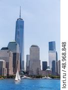 Manhattan New York skyline Freedom tower from Hudson River in USA US. Стоковое фото, агентство Ingram Publishing / Фотобанк Лори