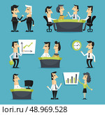 Office workers flat set with walking sitting people on workplaces meeting conferences isolated vector illustration. Стоковая иллюстрация, агентство Ingram Publishing / Фотобанк Лори