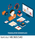 Translator workplace isometric icons composition with computer dictionaries and mobile electronic devices  poster print isolated vector illustration. Стоковая иллюстрация, агентство Ingram Publishing / Фотобанк Лори