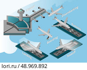 Airport decorative icons isometric disembarking runway boarding landing takeoff symbols set vector illustration. Стоковая иллюстрация, агентство Ingram Publishing / Фотобанк Лори