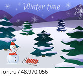 Winter landscape poster with christmas trees wood snowman and sledge vector illustration. Стоковая иллюстрация, агентство Ingram Publishing / Фотобанк Лори