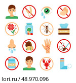 Allergy icons set with dust bee flower contaminant symbols isolated vector illustration. Стоковая иллюстрация, агентство Ingram Publishing / Фотобанк Лори