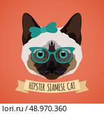 Hipster siamese cat with glasses and bow portrait with ribbon poster vector illustration. Стоковая иллюстрация, агентство Ingram Publishing / Фотобанк Лори