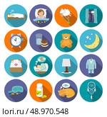 Sleep time icons flat set with window milk and cookies isolated vector illustration. Стоковая иллюстрация, агентство Ingram Publishing / Фотобанк Лори