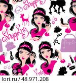 Seamless pattern for fashion Design, glamor lovely girls using different tools to apply make-up and accessories. Стоковая иллюстрация, агентство Ingram Publishing / Фотобанк Лори