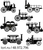 A set of silhouettes of vintage cars in the style of steam-punk. Стоковая иллюстрация, агентство Ingram Publishing / Фотобанк Лори