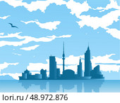 Travel to a distant city on the horizon. Vector city with reflection in the sea surface. Стоковая иллюстрация, агентство Ingram Publishing / Фотобанк Лори