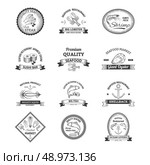 Seafood restaurant nautical shop sushi bar retro emblems set isolated vector illustration. Стоковая иллюстрация, агентство Ingram Publishing / Фотобанк Лори