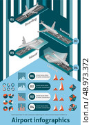 Airport infographic set with isometric boarding runway takeoff landing elements and charts vector illustration. Стоковая иллюстрация, агентство Ingram Publishing / Фотобанк Лори