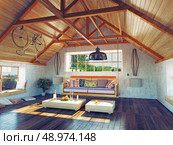 beautiful modern attic interior with hanging sofa. 3d design concept.
 Стоковое фото, агентство Ingram Publishing / Фотобанк Лори