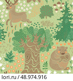 Seamless pattern with deer, bears in the woods. Perfect for a child's room design, wallpaper, texture surfaces. Vector illustration. Стоковая иллюстрация, агентство Ingram Publishing / Фотобанк Лори