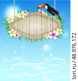 Summer vector tropical background with toucan and wooden banner. Стоковая иллюстрация, агентство Ingram Publishing / Фотобанк Лори