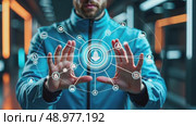 A person in a futuristic suit interacting with holographic tech elements, including digital icons and interfaces, front view, bright hi-tech background. Стоковое AI-видео, аниматор Sergey Grishin / Фотобанк Лори