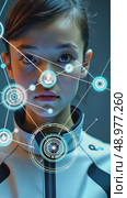 A person in a futuristic suit interacting with holographic tech elements, including digital icons and interfaces, front view, bright hi-tech background. Стоковое AI-видео, аниматор Sergey Grishin / Фотобанк Лори