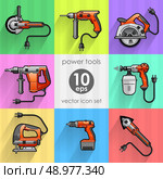 Power tool set. Vector illustration. Builder equipment. Power tool set. Vector illustration. Стоковая иллюстрация, агентство Ingram Publishing / Фотобанк Лори