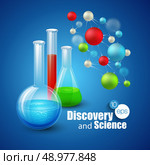 Chemical Science and discovery. Vector illustration. Molecule and flasks. Chemical Science and discovery. Vector illustration. Molecule  flasks. Стоковая иллюстрация, агентство Ingram Publishing / Фотобанк Лори