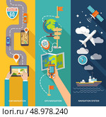 Navigation GPS routing system vertical  flat banners set with aircraft vessel position velocity detector abstract vector illustration. Стоковая иллюстрация, агентство Ingram Publishing / Фотобанк Лори