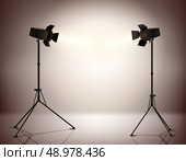 Standing strobe tripods electrical spotlights professional photograph equipment realistic background vector illustration. Стоковая иллюстрация, агентство Ingram Publishing / Фотобанк Лори