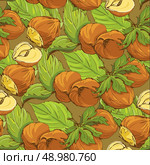 Seamless pattern with highly detailed handdrawn hazelnuts on brown background. Стоковая иллюстрация, агентство Ingram Publishing / Фотобанк Лори