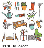 Gardening tools decorative icons set with hand drawn farming equipment isolated vector illustration. Gardening Tools Set. Стоковая иллюстрация, агентство Ingram Publishing / Фотобанк Лори