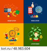  Instant win weekly lottery scratch cards jackpot winner joy 4 flat icons composition abstract isolated vector illustration. Lottery 4 flat icons. Стоковая иллюстрация, агентство Ingram Publishing / Фотобанк Лори