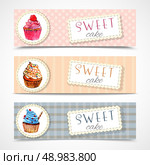 Decorative sweetshop confectionary tags labels set with traditional cupcakes design horizontal banners watercolor abstract vector isolated illustration. Sweetshop cupcakes banners set. Стоковая иллюстрация, агентство Ingram Publishing / Фотобанк Лори