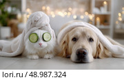 Pets enjoying a spa day with towels and cucumbers in a cozy bathroom. Домашние животные наслаждаются спа-деньем с полотенцами и огурцами в уютной ванной комнате. Стоковое AI-изображение, AI-художник Katsiaryna Repich / Фотобанк Лори