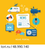 News journalist with microphone interviewing in flat design. Teleconference between journalists correspondents from different locations to connect avatar. Стоковая иллюстрация, агентство Ingram Publishing / Фотобанк Лори