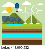 Renewable energy like hydro, solar, geothermal and wind power generation facilities cartoon style. Стоковая иллюстрация, агентство Ingram Publishing / Фотобанк Лори