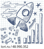 Rocket flies up the graph and for fuel bills money dollars euro in sketch style. Idea concept. Стоковая иллюстрация, агентство Ingram Publishing / Фотобанк Лори