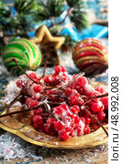 Kalina on gold tray and Christmas decorations. Стоковое фото, агентство Ingram Publishing / Фотобанк Лори