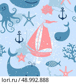 Seamless pattern with cute whales, sailing, octopus. Vector illustration. Стоковая иллюстрация, агентство Ingram Publishing / Фотобанк Лори