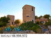 Javea Xabia el molins at sunset in Mediterranean Alicante at Spain. Стоковое фото, агентство Ingram Publishing / Фотобанк Лори