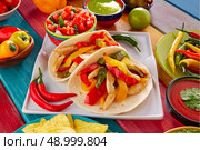 Chicken fajitas tacos mexican food guacamole pico de gallo chili peppes sauces. Стоковое фото, агентство Ingram Publishing / Фотобанк Лори