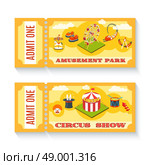 Two vintage amusement park tickets set. Two vintage amusement park circus show entrance tickets  templates set with chapiteau tent abstract isolated vector illustration. Стоковая иллюстрация, агентство Ingram Publishing / Фотобанк Лори
