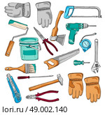 House renovating tools and instruments icons set with handsaw hammer and brush color  abstract vector isolated illustration. Painter working tools icons set color . Стоковая иллюстрация, агентство Ingram Publishing / Фотобанк Лори