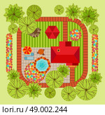 Flat style landscape design concept. Flat style landscape design concept with house trees flowerbed pond table and various surfacing vector illustration. Стоковая иллюстрация, агентство Ingram Publishing / Фотобанк Лори