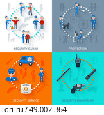 Security guard 4 flat square. Security guard officer protective surveillance and equipment 4 flat icons square composition banner abstract isolated vector illustration. Стоковая иллюстрация, агентство Ingram Publishing / Фотобанк Лори