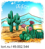 Cactuses in mexico desert with mountains on background sketch vector illustration. Cactus In Desert Sketch. Стоковая иллюстрация, агентство Ingram Publishing / Фотобанк Лори