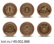 Wooden beer house emblems retro style beverage drip mats coasters  icons collection print abstract isolated vector illustration. Wooden beer emblems mats icons set. Стоковая иллюстрация, агентство Ingram Publishing / Фотобанк Лори