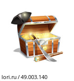 Pirate wooden treasure chest trunk with gold spy glass cutlass and black triangle hat abstract vector illustration. Pirate treasure chest illustration. Стоковая иллюстрация, агентство Ingram Publishing / Фотобанк Лори
