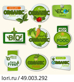 Bio Organic Life Badges . Bio and organic food farm and life green badges set isolated vector illustration. Стоковая иллюстрация, агентство Ingram Publishing / Фотобанк Лори