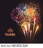 Festive firework black background poster. Festive firework rockets bursting in big sparkling star balls poster with black background abstract vector illustration. Стоковая иллюстрация, агентство Ingram Publishing / Фотобанк Лори