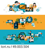 Mobile photos horizontal banners set . Mobile photos with smartphones selfie likes and smilies horizontal banners set flat isolated vector illustration . Стоковая иллюстрация, агентство Ingram Publishing / Фотобанк Лори