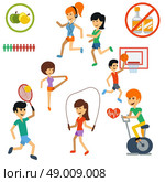Icon set with people jogging, practising yoga, playing basketball and tennis, spinning exercise bike. Стоковая иллюстрация, агентство Ingram Publishing / Фотобанк Лори