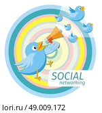 Social media communication network concept. Birdie holding megaphone from which fly blue birds cartoon design style. Стоковая иллюстрация, агентство Ingram Publishing / Фотобанк Лори