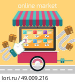 Internet shopping concept smartphone with awning of buying products via online shop market store and road with delivery box e-commerce ideas e-commerce symbols sale elements on stylish background. Стоковая иллюстрация, агентство Ingram Publishing / Фотобанк Лори