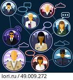 News journalist with microphone interviewing in flat design. Teleconference between journalists correspondents from different locations to connect avatar. Стоковая иллюстрация, агентство Ingram Publishing / Фотобанк Лори